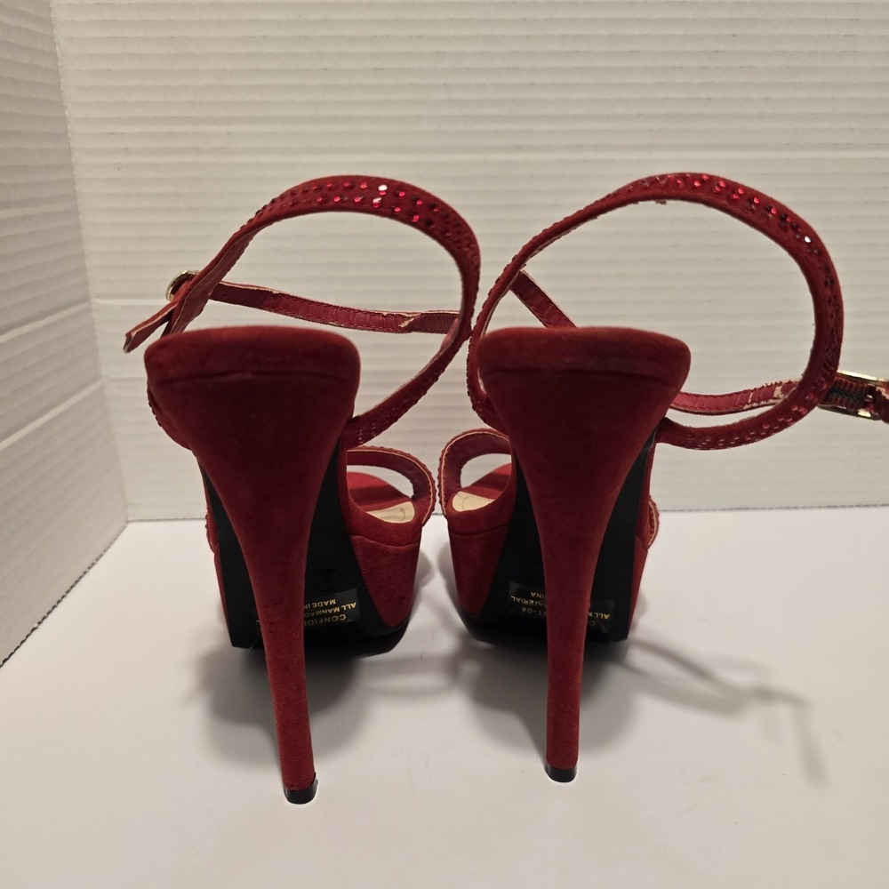 Rouge Helium Red Rhinestone Platform Sandals Stiletto High Heels Womens Size 8 - Picture 5 of 7
